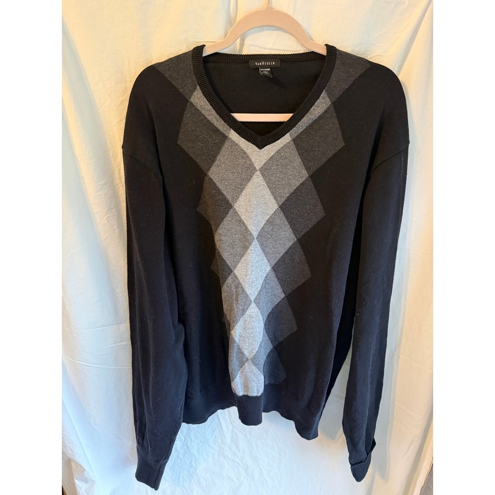 Van Heusen Mens XXL Argyle V-Neck Sweater Black Grey Long Sleeve Pullover Knit